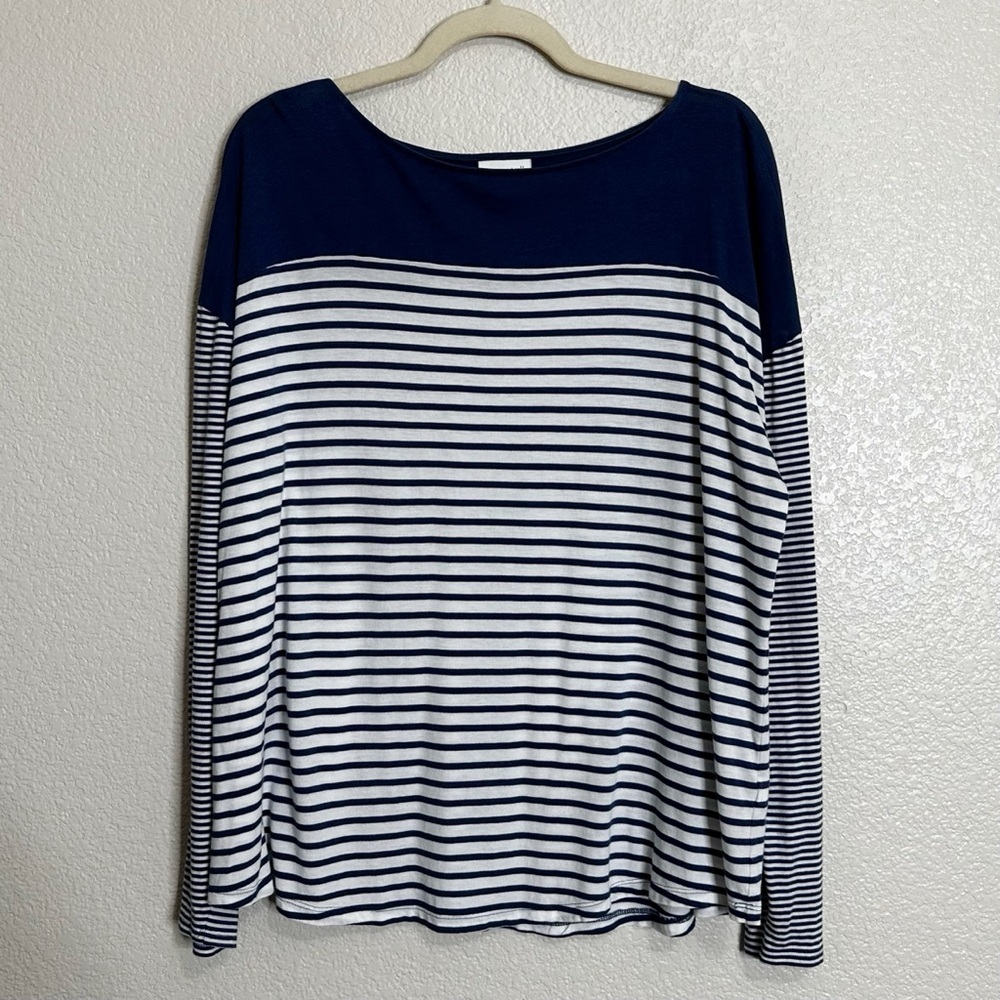 J. Jill Cotton Blend Blue White Striped Long Sleeves Casual Top, Size XL